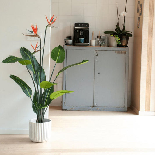 Strelitzia met bloemen - 120cm - In zwarte pot - Kunstplant - Botanic-Vibes