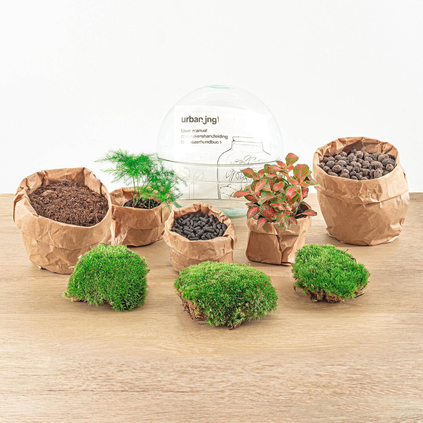 Flaschengarten – Dome Rot – 20 cm – Rechen + Schaufel + Pinzette - Botanic-Vibes