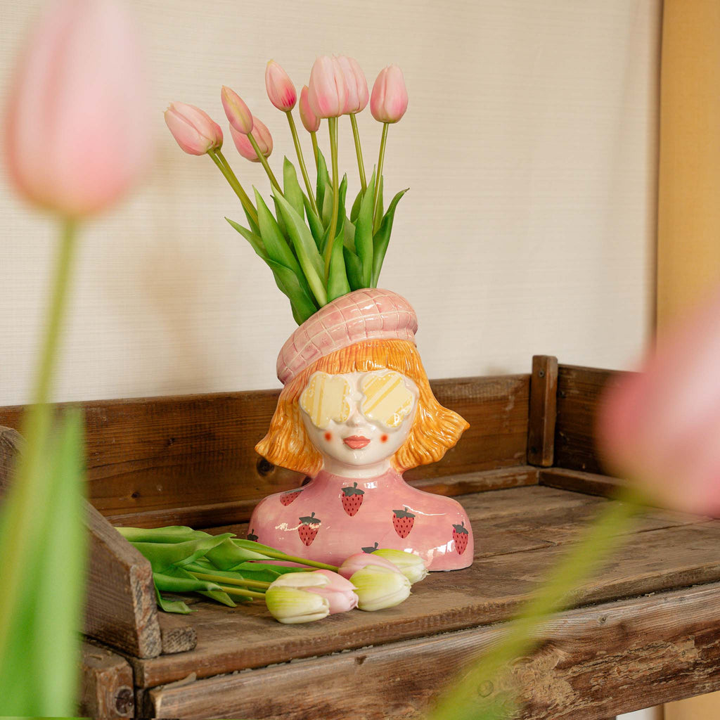 Vase Strawberry Girl + 10X Real Touch Tulip Pink - Silk Artificial Tulips