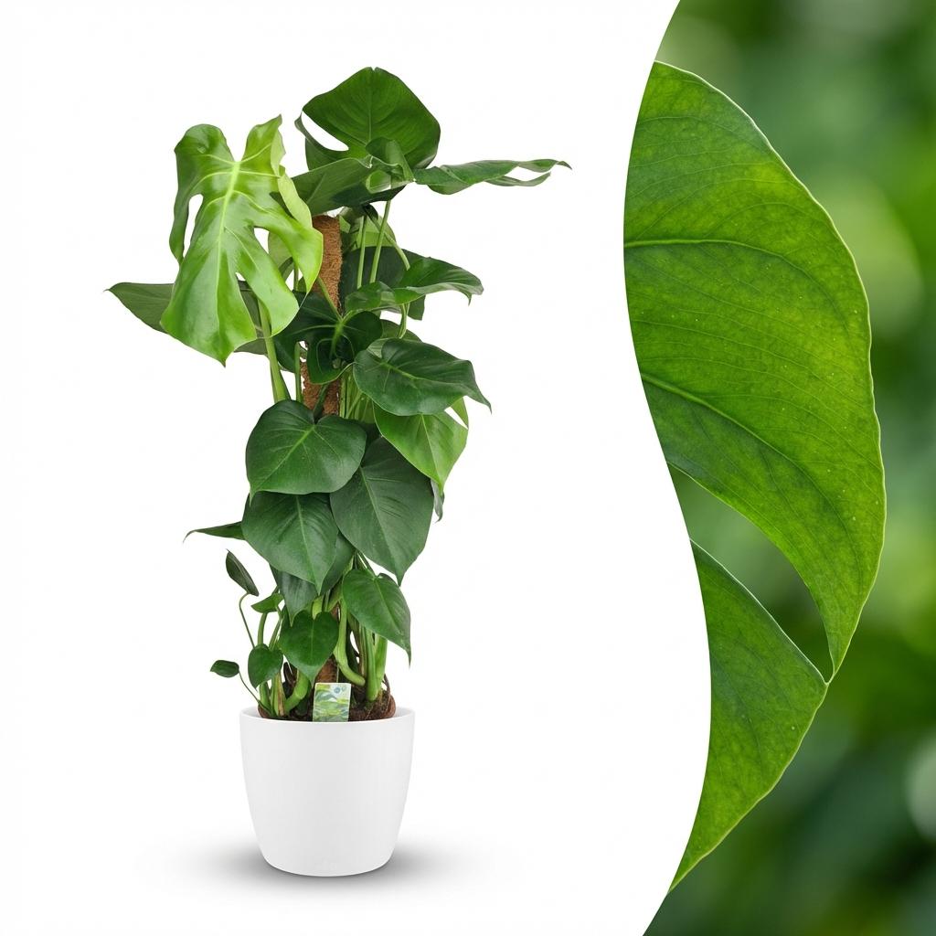 Fensterblatt, Monstera Deliciosa Moosstab, Grün, Pflegeleicht, 1 Pflanze, mit Übertopf Weiß, Topf 19 cm, 90 cm
