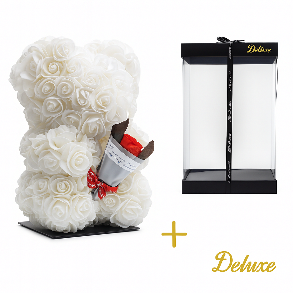 Beer DELUXE auf Ständer 25 cm – Weiß Schaumstoff mit Blumenstrauß – in luxuriöser Geschenkverpackung 25 cm
