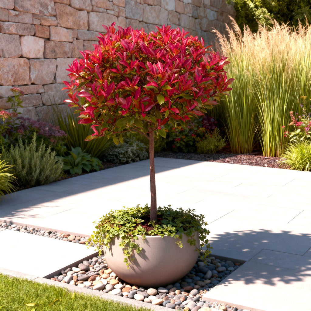 Pflanze auf Stamm, Photinia fraseri Carre Rouge, Terrassenpflanze, Immergrün, Winterhart, Grün-Rotes Blatt, Topf 19 cm 90 cm