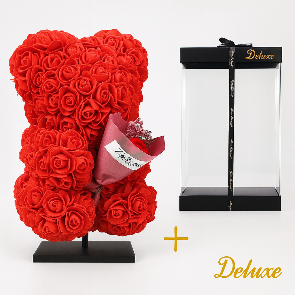 Beer DELUXE auf Ständer 25 cm – Rot Schaumstoff mit Blumenstrauß – in luxuriöser Geschenkverpackung 25 cm