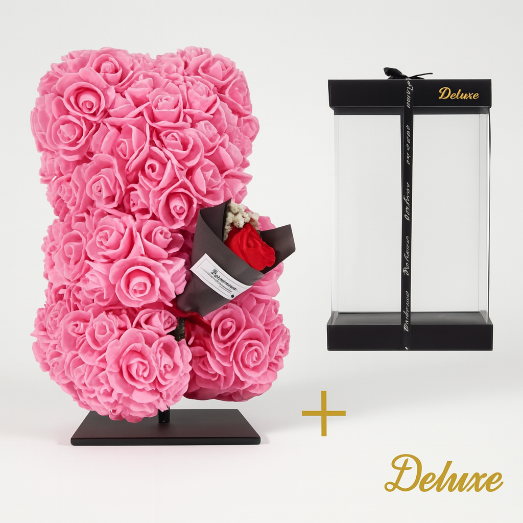 Beer DELUXE auf Ständer 25 cm – Rosa Schaumstoff mit Blumenstrauß – in luxuriöser Geschenkverpackung 25 cm