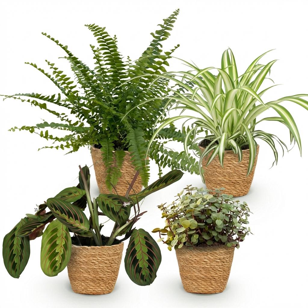 Green boutiQ, Zimmerpflanze, Chlorophytum, Maranta, Calissia, Nephrolepsis, Mix aus 4, Haustierfreundliche Pflanzen, Grün, Topf 12cm, Höhe 25cm