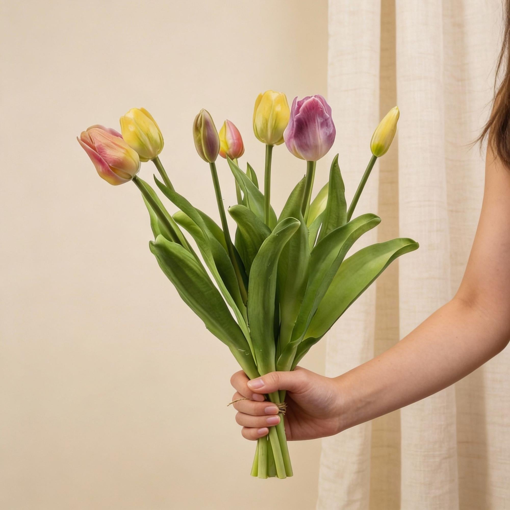 Tulpenstrauß, Sanfter Frühling, ‘Real Touch’ Kunsttulpen, 7 Stiele, 42 cm