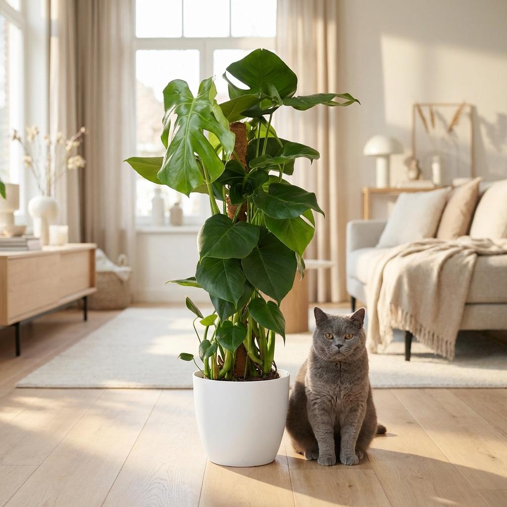 Fensterblatt, Monstera Deliciosa Moosstab, Grün, Pflegeleicht, 1 Pflanze, mit Übertopf Weiß, Topf 19 cm, 90 cm