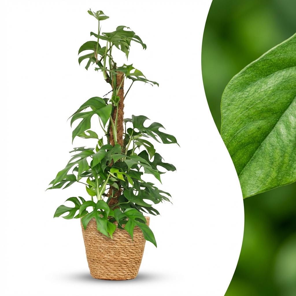 Mini Fensterblatt, Monstera Minima Moosstab, Grün, Pflegeleicht, 1 Pflanze, mit Korb, Topf 19 cm, 90 cm