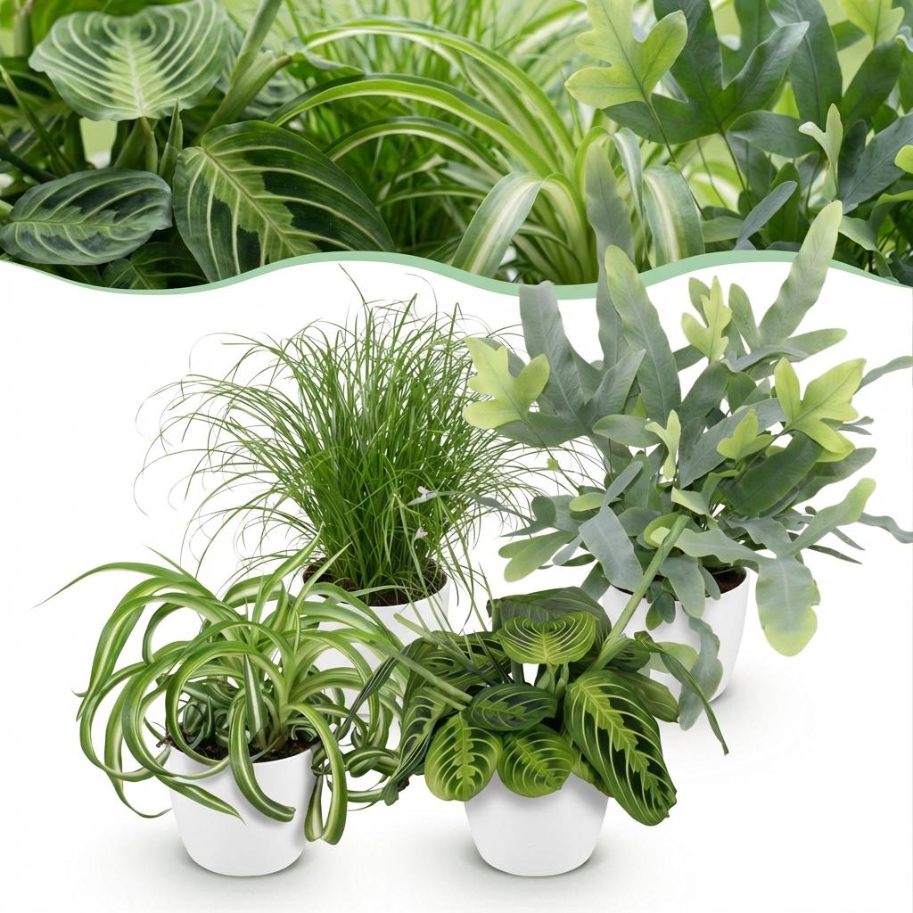 Green boutiQ, Zimmerpflanze, Chlorophytum, Cyperus, Phlebodium, Marantha, Mix aus 4, Haustierfreundliche Pflanzen, Grün, Topf 12cm, Höhe 25cm