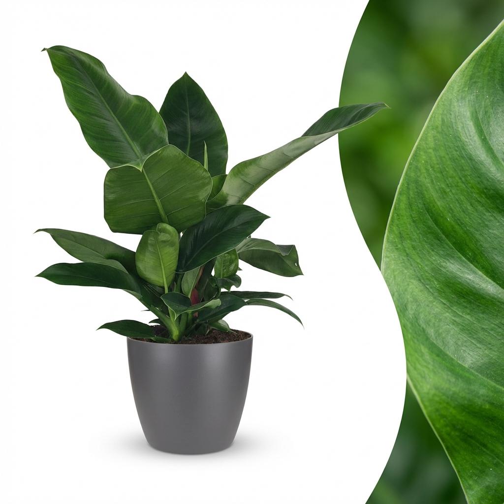 Philodendron, Philodendron Imperial Grün, Grün, Pflegeleicht, 1 Pflanze, mit Übertopf Grau, Topf 19 cm, 65 cm