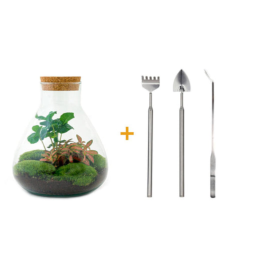 Flaschengarten – sammie coffea – 26 cm – Rechen + Schaufel + Pinzette
