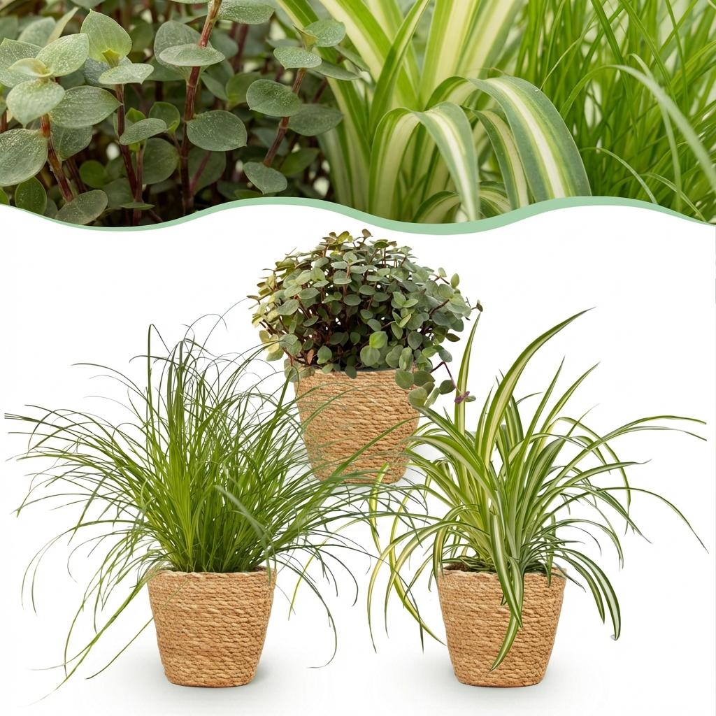 Green boutiQ, Zimmerpflanze, Cyperus, Calissia, Chlorophytum, Mix aus 3, Haustierfreundliche Pflanzen, Grün, Topf 12cm, Höhe 20cm