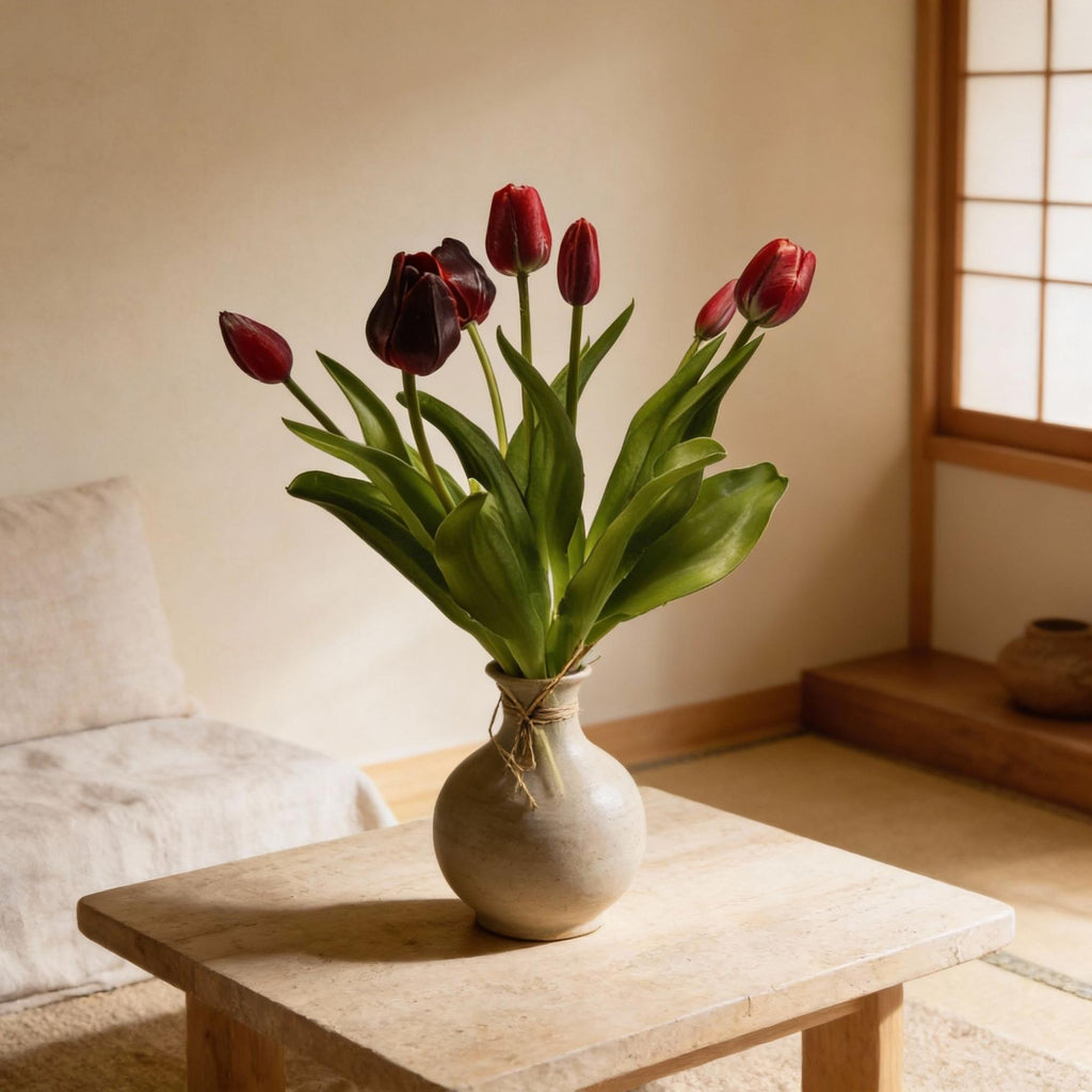 Tulpenstrauß, Dunkelrot, ‘Real Touch’ Kunsttulpen, 7 Stiele, 42 cm