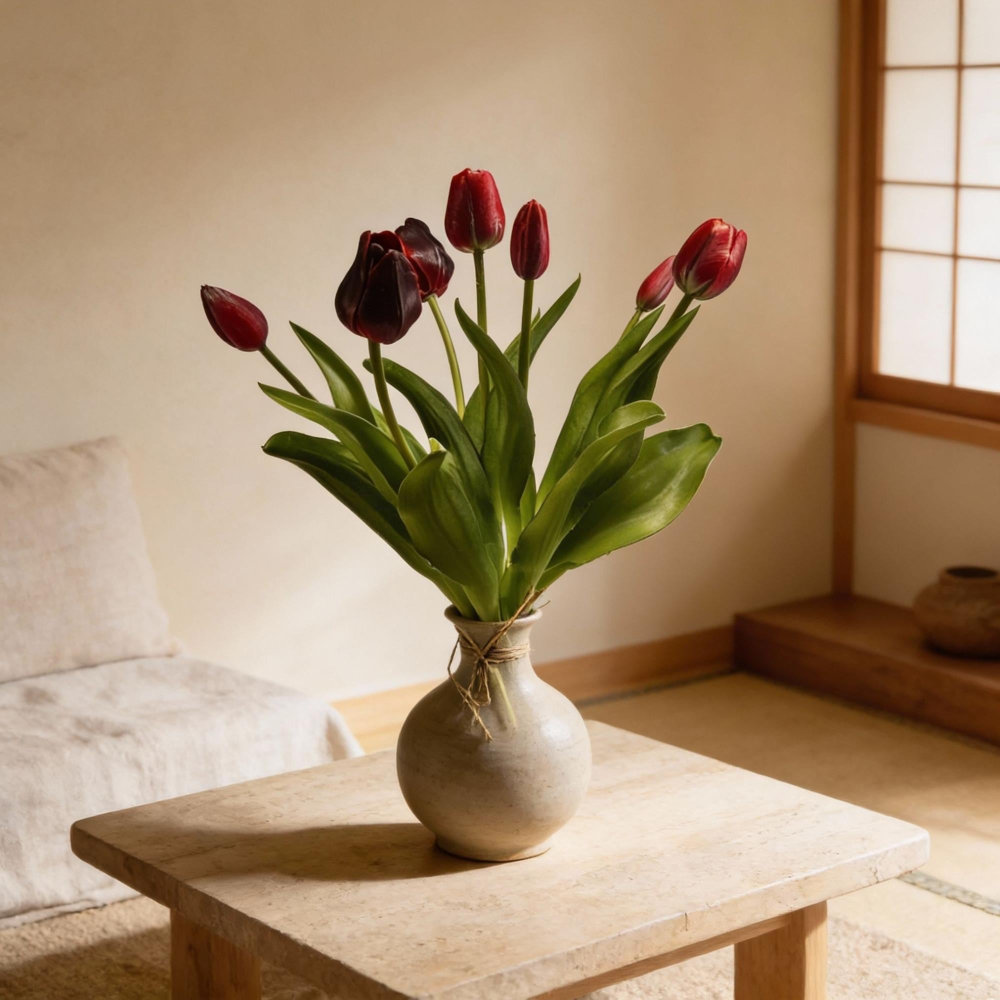 Tulpenstrauß, Dunkelrot, ‘Real Touch’ Kunsttulpen, 7 Stiele, 42 cm