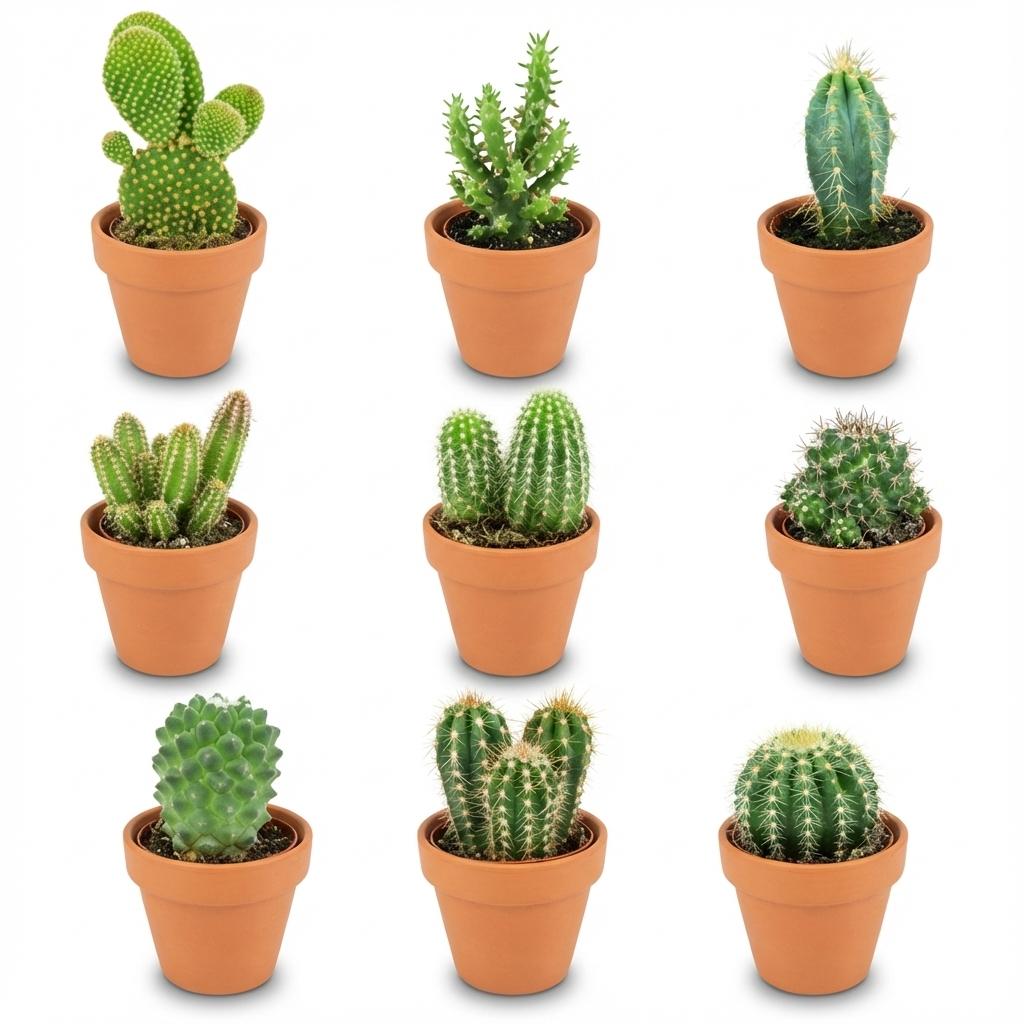 Mini Kakteen Mix, 9 Stück, Ø8 cm,1 cm, 5-10 cm, Terrakottatöpfe