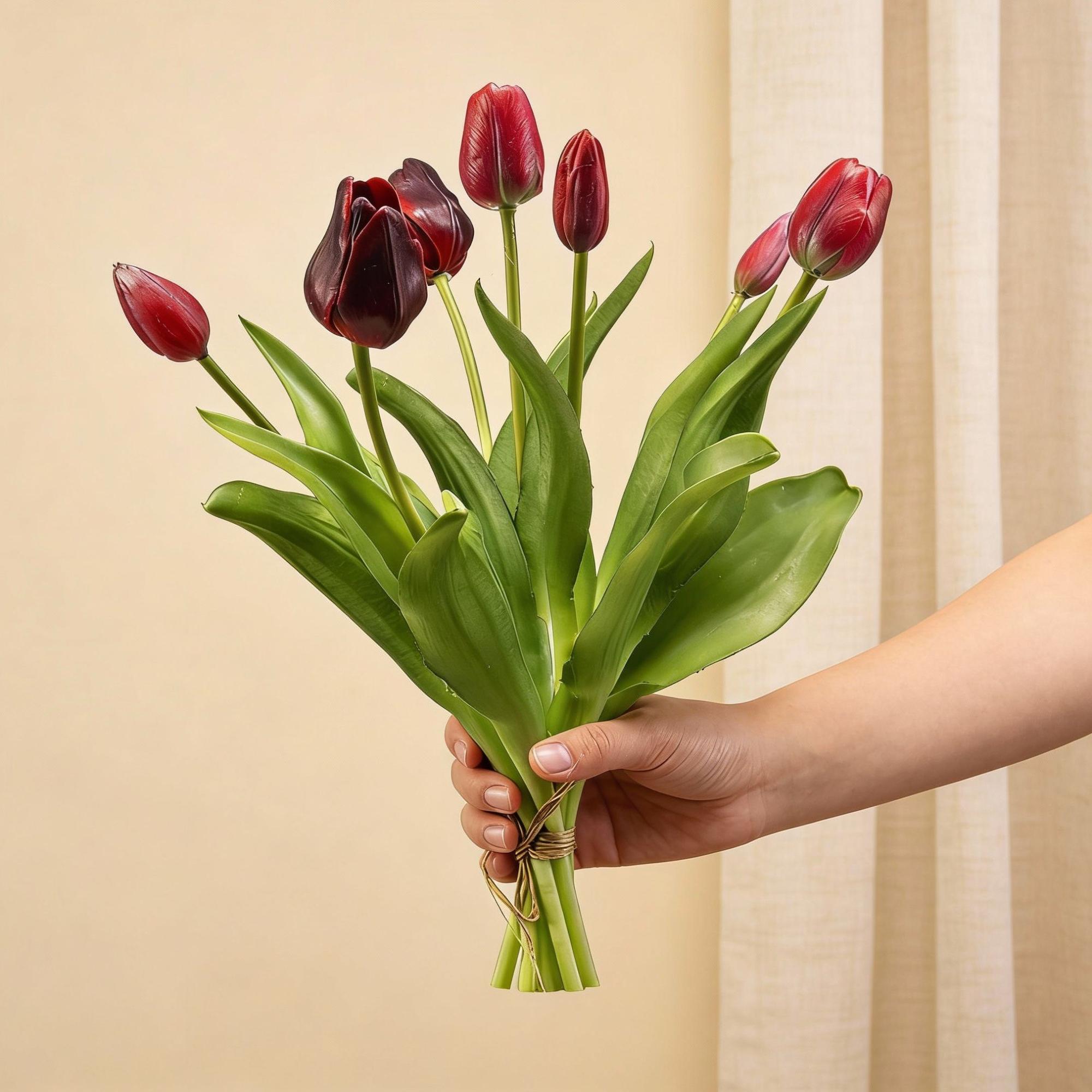 Tulpenstrauß, Dunkelrot, ‘Real Touch’ Kunsttulpen, 7 Stiele, 42 cm