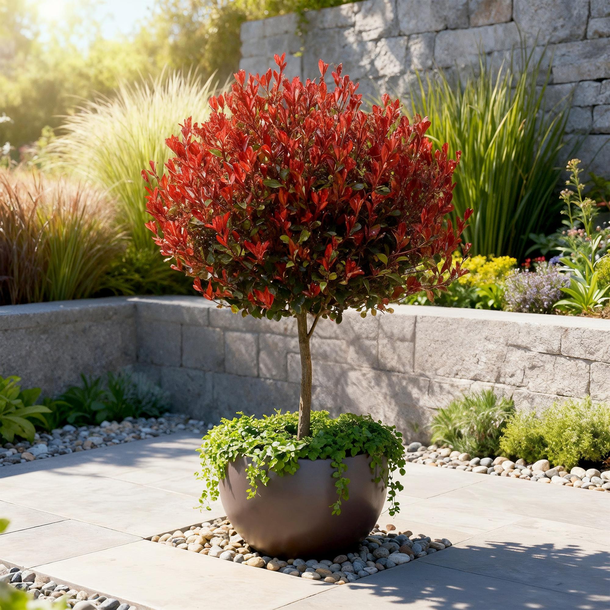 Stamm Pflanze, Photinia fraseri Little Rot Robin, Terrassenpflanze, Immergrün, Winterhart, Grün-Rotes Blatt, Topf 19 cm 90 cm