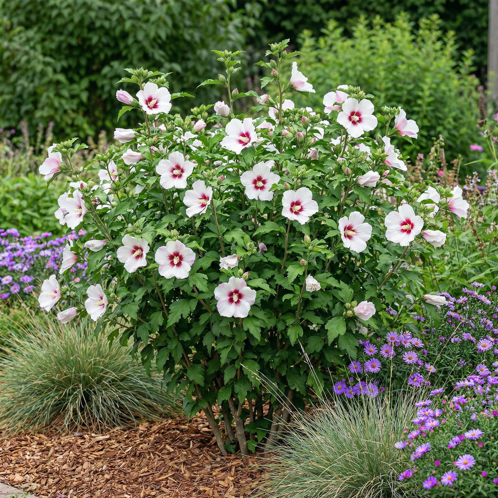 Sträucher, Hibiscus syriacus Hamabo, Blüte Hellrosa, 1 Pflanze, Laubabwerfend, Wenig Pflege, Topf 17 cm 45 cm