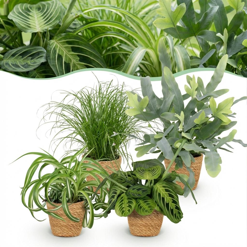 Green boutiQ, Zimmerpflanze, Chlorophytum, Cyperus, Phlebodium, Marantha, Mix aus 4, Haustierfreundliche Pflanzen, Grün, Topf 12cm, Höhe 25cm