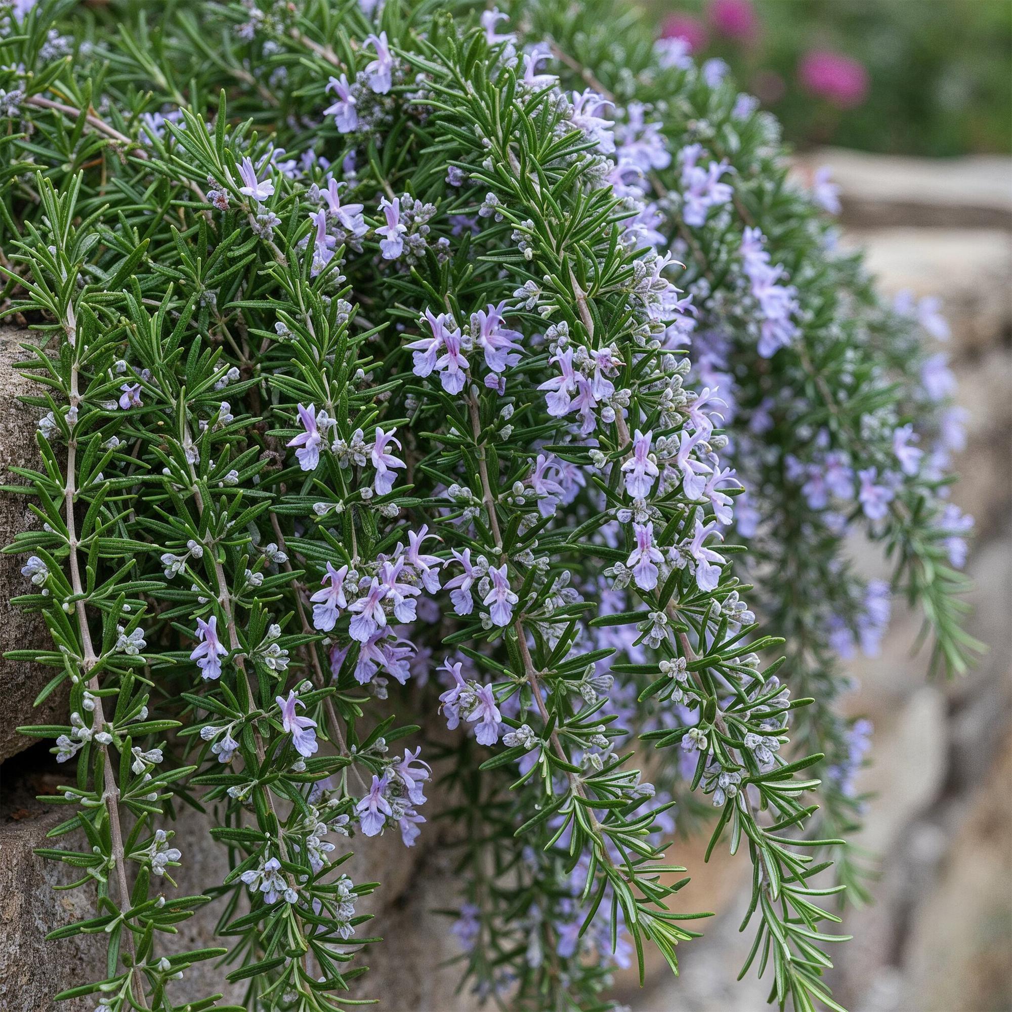 Stamm-Pflanze, Rosmarinus officinalis Prostratus, Terrassenpflanze, Immergrün, Winterhart, Lila Blüte, Topf 19 cm 90 cm