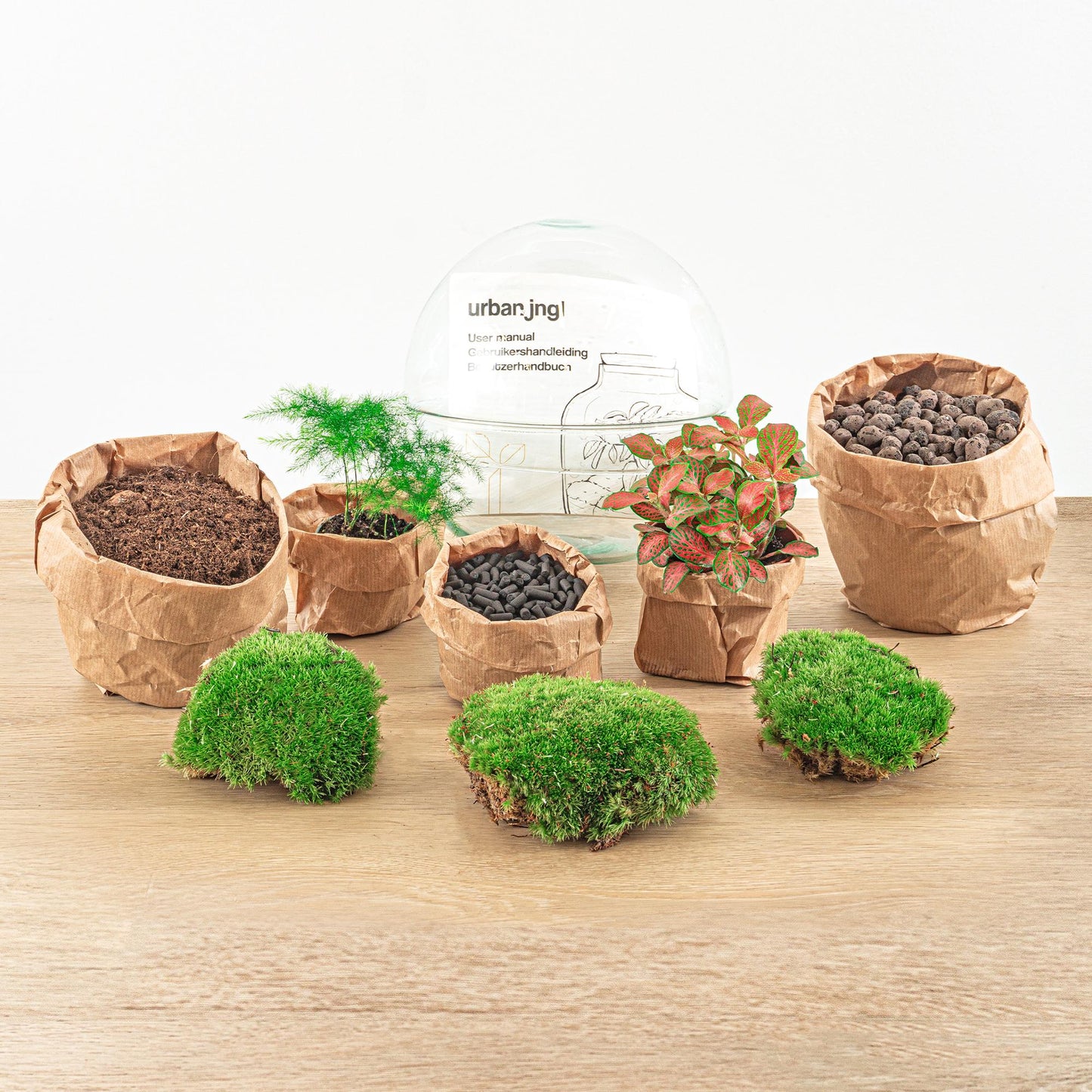 Flaschengarten – Dome Rot – 20 cm – Rechen + Schaufel + Pinzette + Schere