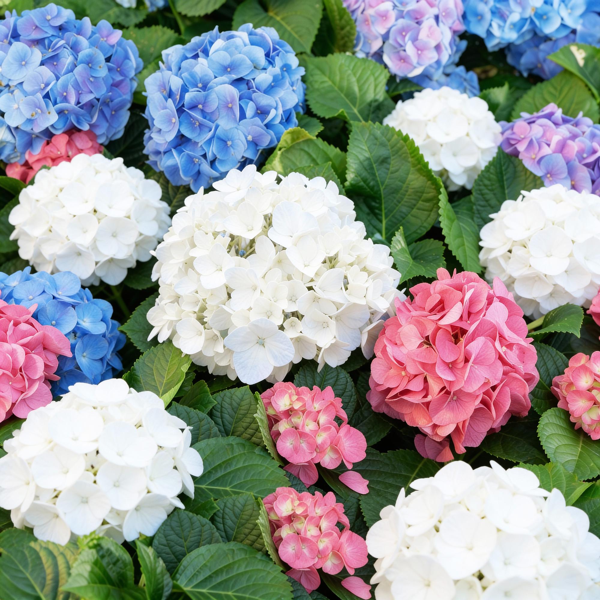 Hydrangea macrophylla Tricolour, Hortensie, Winterfest, Rot-Blau-Weiß, 3 Pflanzen, Topf 12 cm, 20-30 cm