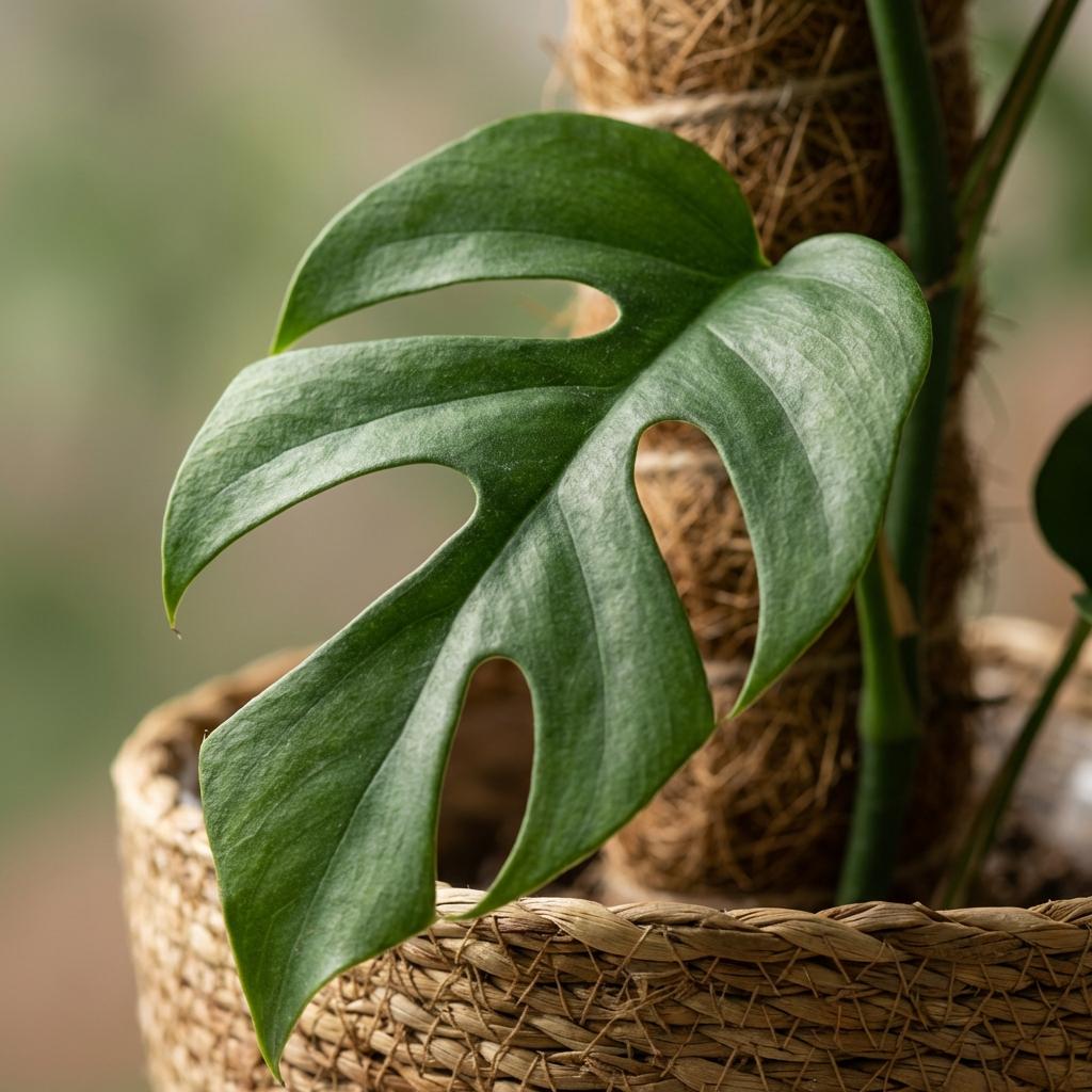 Mini Fensterblatt, Monstera Minima Moosstab, Grün, Pflegeleicht, 1 Pflanze, mit Korb, Topf 19 cm, 90 cm