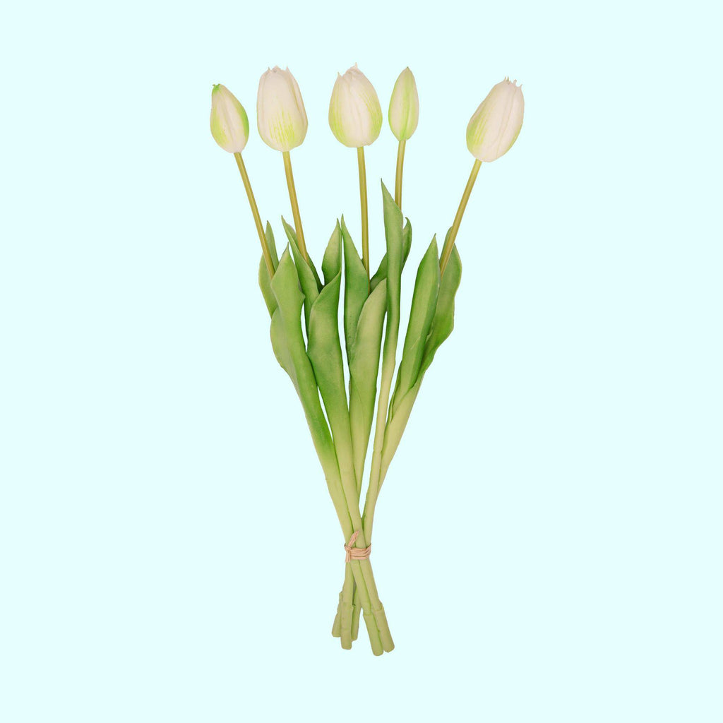 Tulpenstrauß weiß/grün – 5 stück – „real touch“-kunsttulpen – 42 cm (weiß/grün) - Botanic-Vibes
