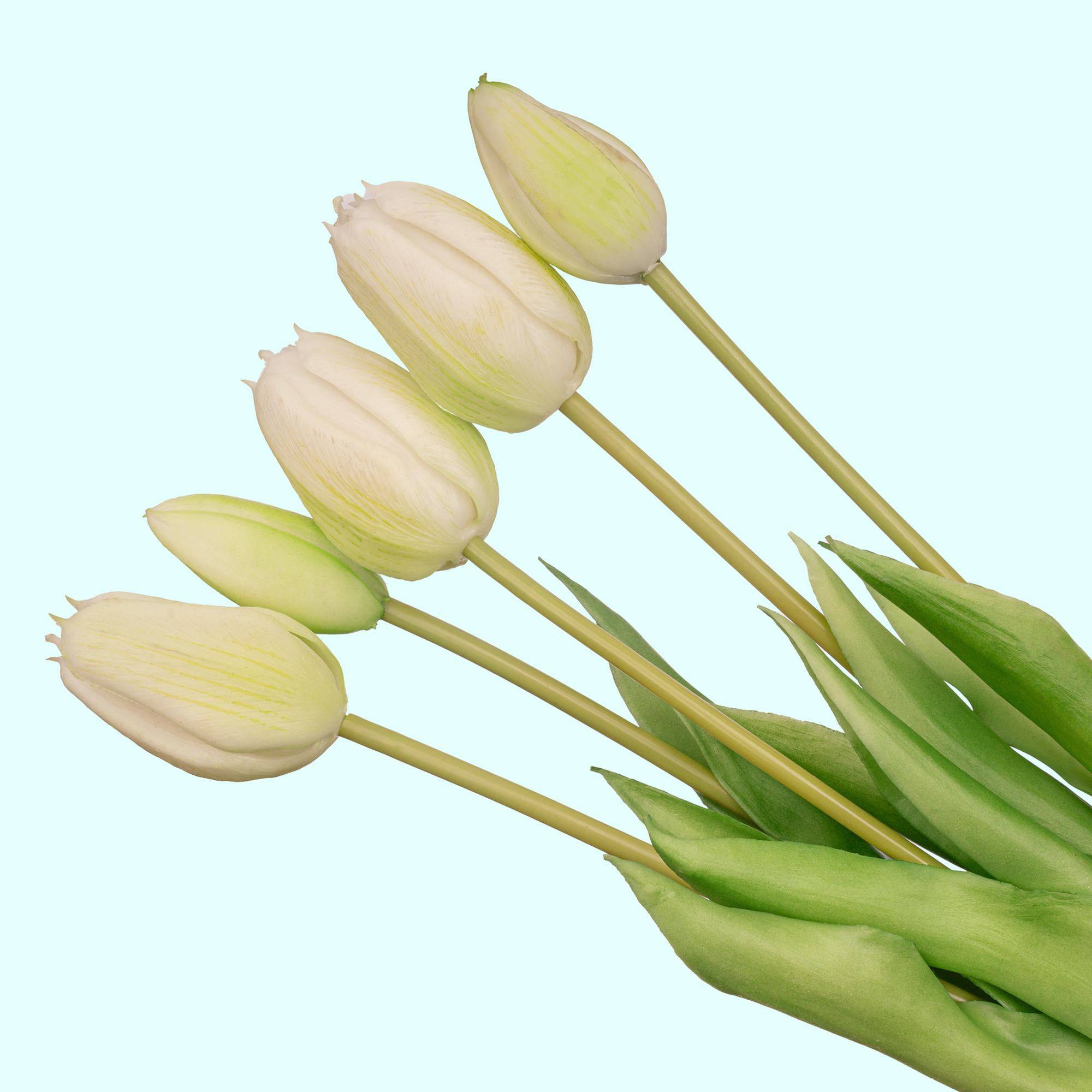 Tulpenstrauß weiß/grün – 5 stück – „real touch“-kunsttulpen – 42 cm (weiß/grün) - Botanic-Vibes